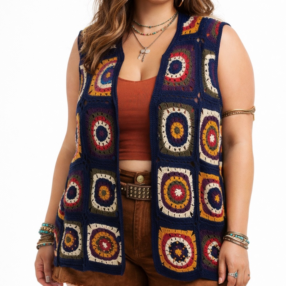 PLUS Carolina Colours‎ Y2K Vintage Crochet Granny Square Stripe Vest Size 20W